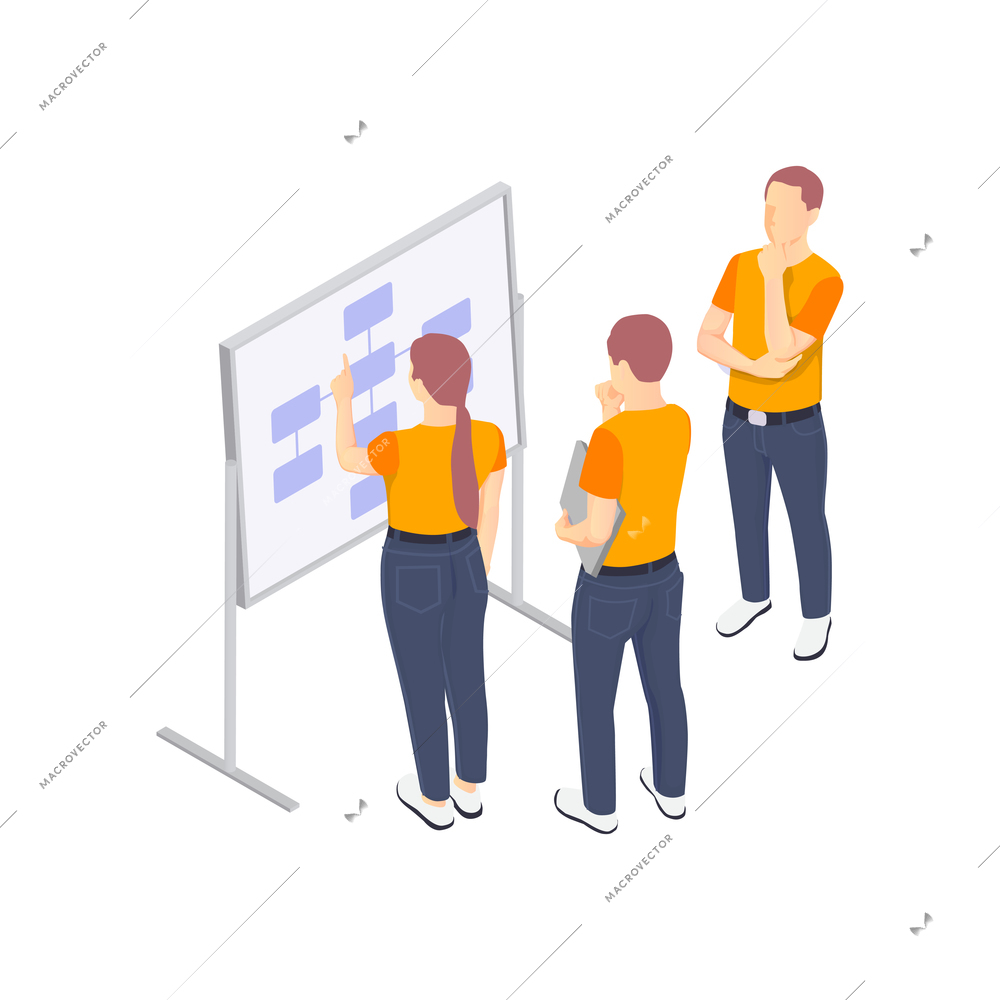 Programming coding development isometric icons composition with group of coworkers and easel with code algorithm vector illustration