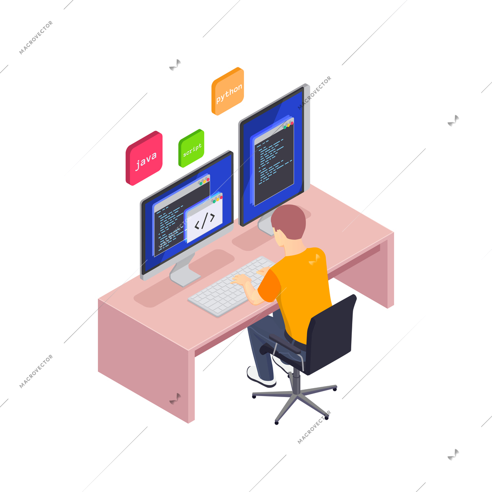 Programming coding development isometric icons composition with programmer at workplace with code on screens vector illustration