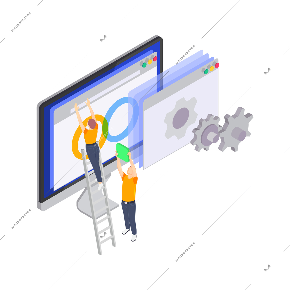 Programming coding development isometric icons composition with small people moving computer windows on screen vector illustration