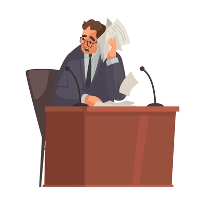 Law justice composition with doodle character of attorney holding bunch of papers vector illustration