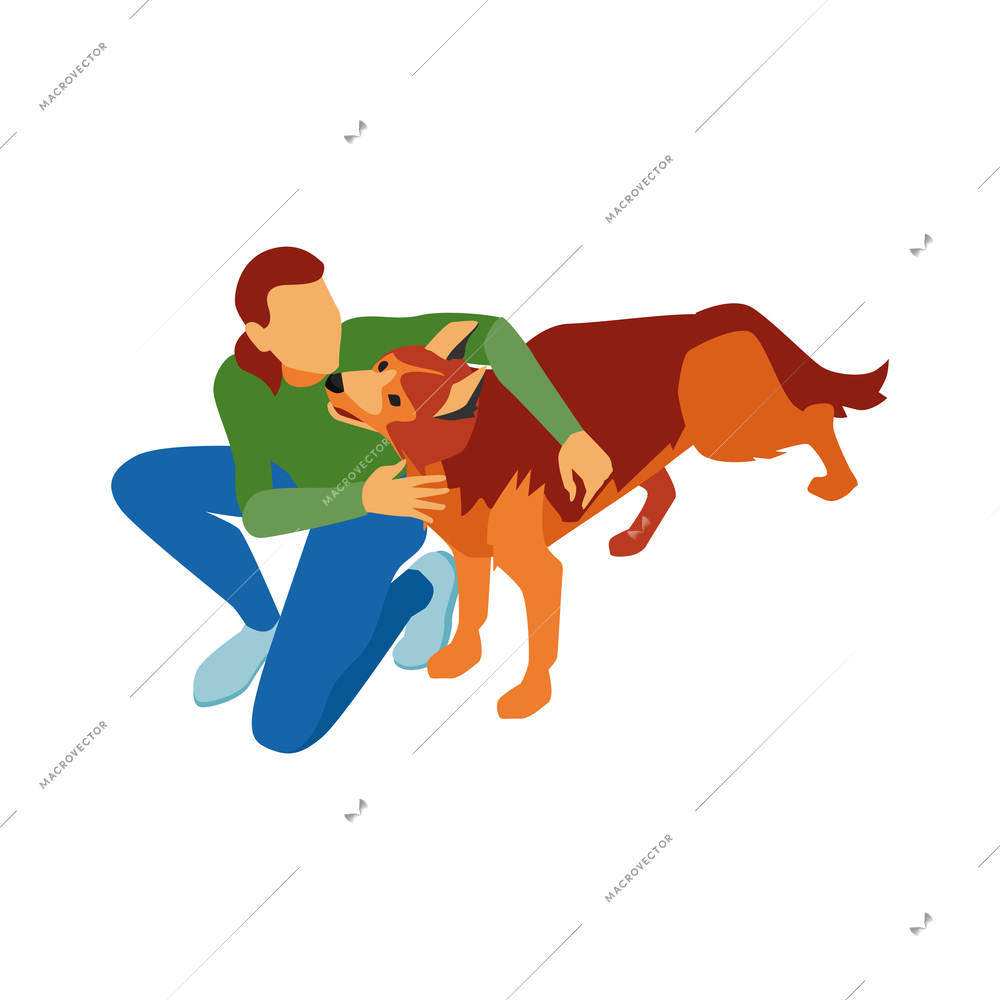 Isometric dog sitter walker service composition with faceless human character embracing dog vector illustration