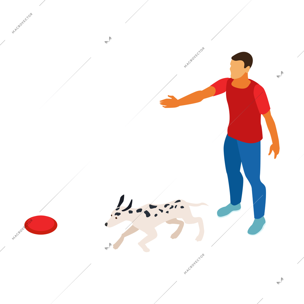 Isometric dog sitter walker service composition with dog running to frisby disk dropped by man vector illustration