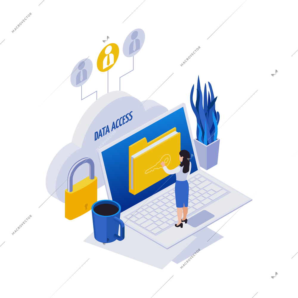 Remote management distant work isometric icons composition with woman touching folder icon on laptop vector illustration