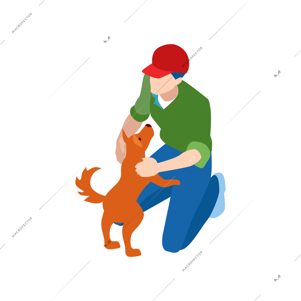 Isometric dog sitter walker service composition with male character holding little dog vector illustration