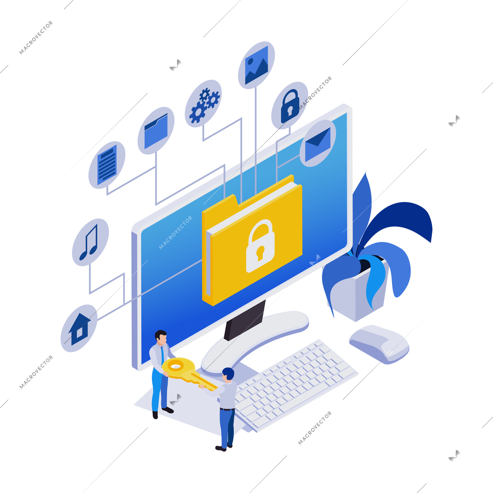 Remote management distant work isometric icons composition with workplace computer and flowchart of services vector illustration