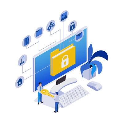 Remote management distant work isometric icons composition with workplace computer and flowchart of services vector illustration