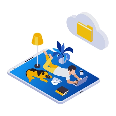 Remote management distant work isometric icons composition with man lying on floor with dog laptop and cloud folder icon vector illustration