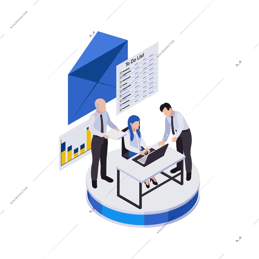 Remote management distant work isometric icons composition with group of workers with envelope icon and list of tasks vector illustration