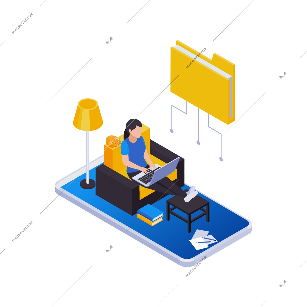 Remote management distant work isometric icons composition with woman working at home with folder icon vector illustration