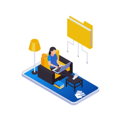 Remote management distant work isometric icons composition with woman working at home with folder icon vector illustration