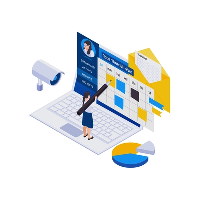 Remote management distant work isometric icons composition with laptop and woman making marks in project calendar vector illustration