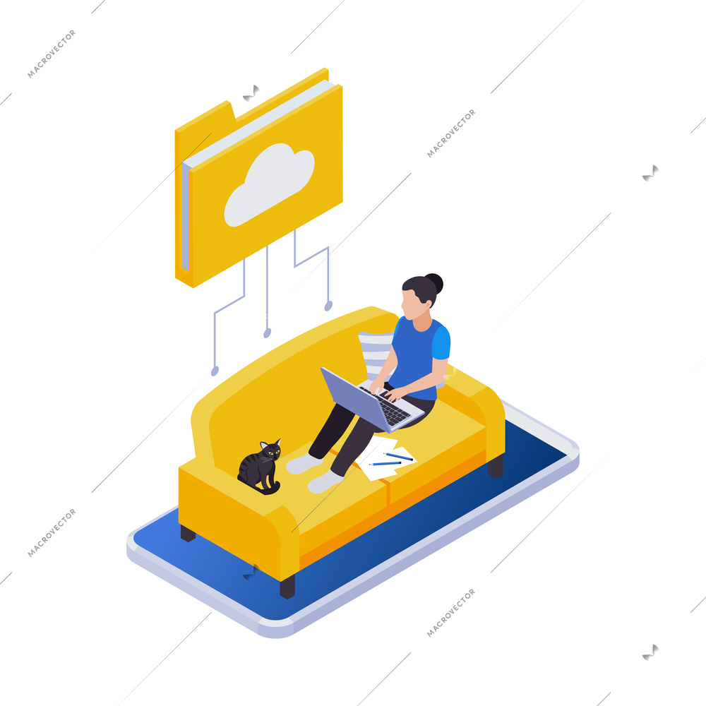 Remote management distant work isometric icons composition with woman sitting on sofa working with laptop vector illustration