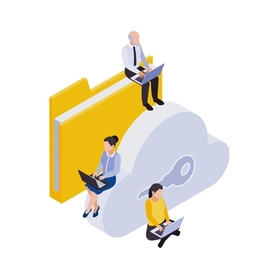 Remote management distant work isometric icons composition with people sitting with laptops with folder and key cloud vector illustration