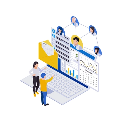Remote management distant work isometric icons composition with laptop and avatars flowchart with people vector illustration
