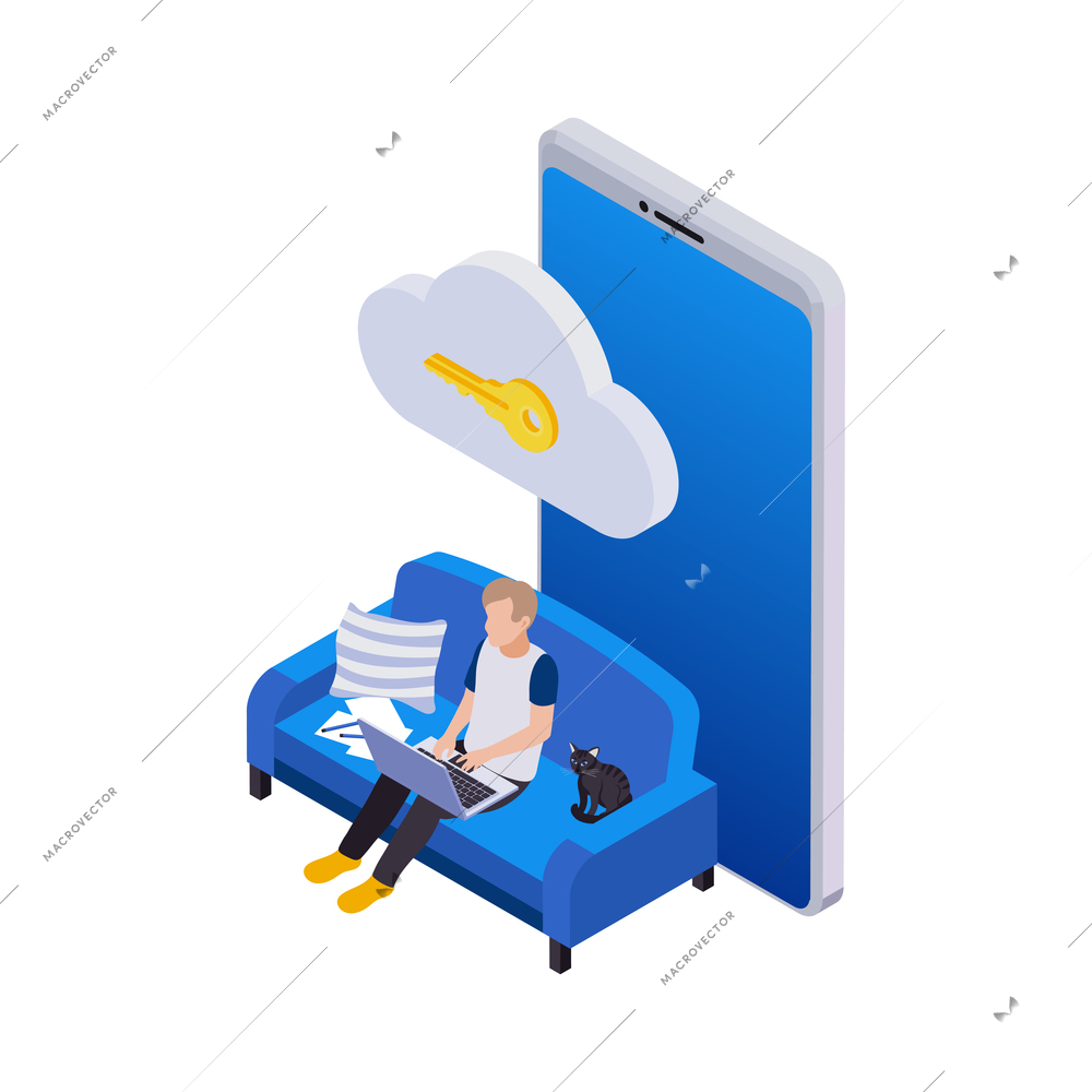 Remote management distant work isometric icons composition with man sitting on sofa with key cloud icon and smartphone vector illustration