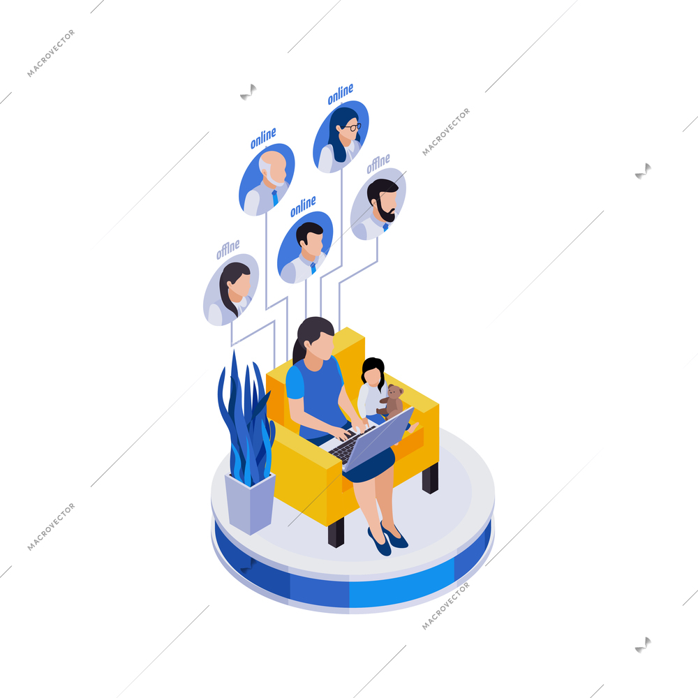 Remote management distant work isometric icons composition with working woman sitting with little daughter vector illustration