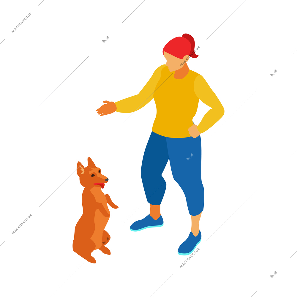 Isometric dog sitter walker service composition with female trainer raising hand and standing dog vector illustration