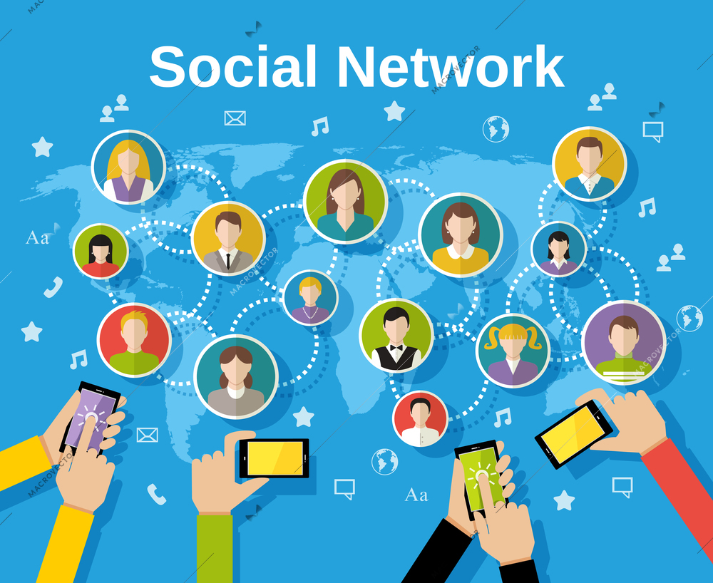 Social media network concept with human hands with smartphones avatars and world map on background vector illustration