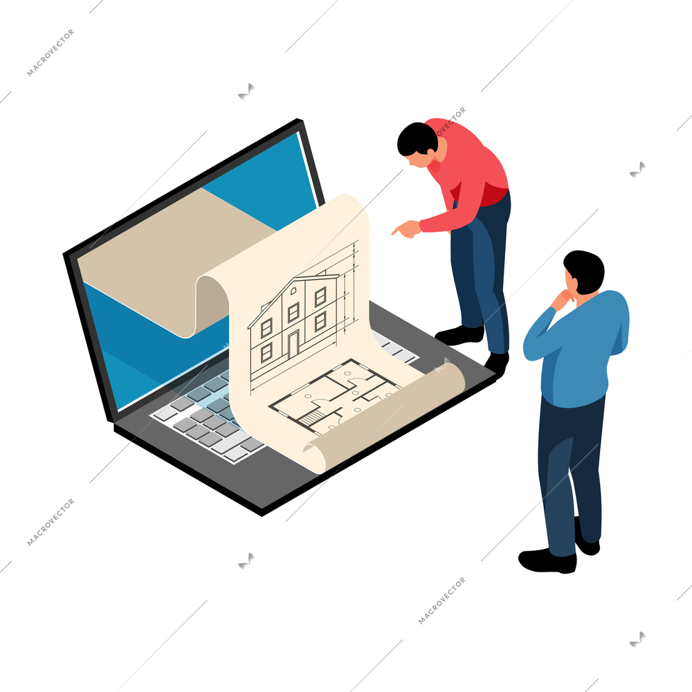 Isometric architect designer professional composition with two human characters looking into project sheet on laptop vector illustration