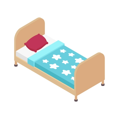 Isometric children room composition with isolated image of small sized bed for teenage kid with linen vector illustration