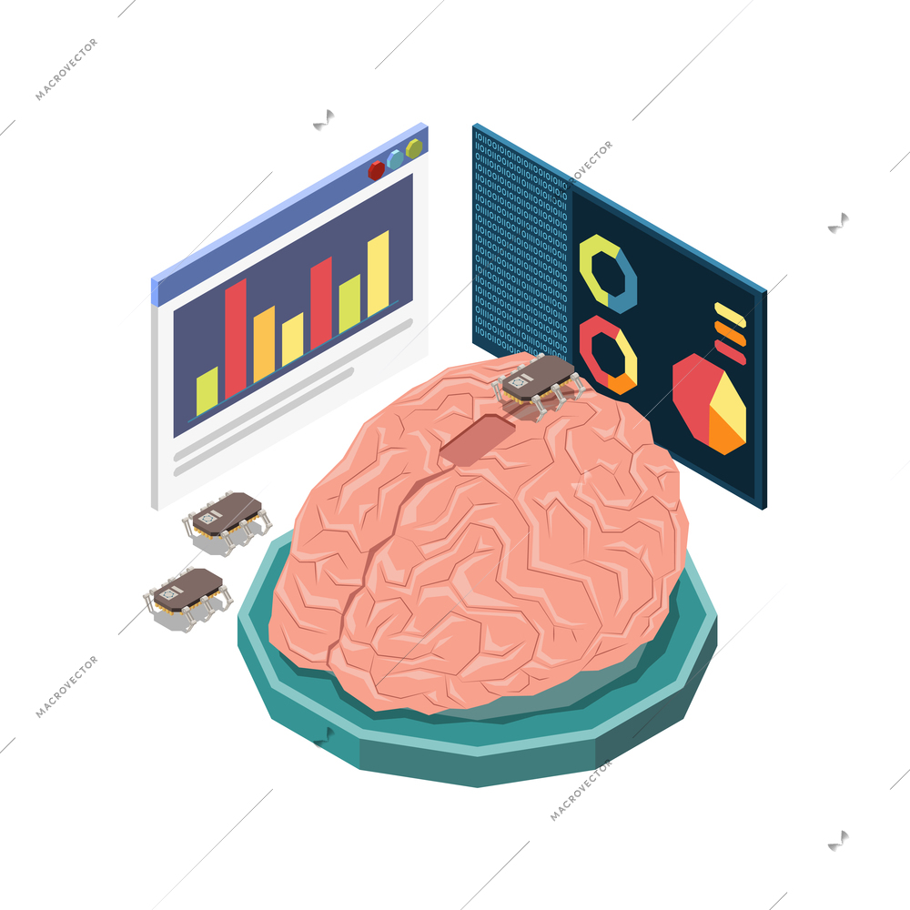 Stem education isometric concept icons composition with image of human brain with infographic screens vector illustration
