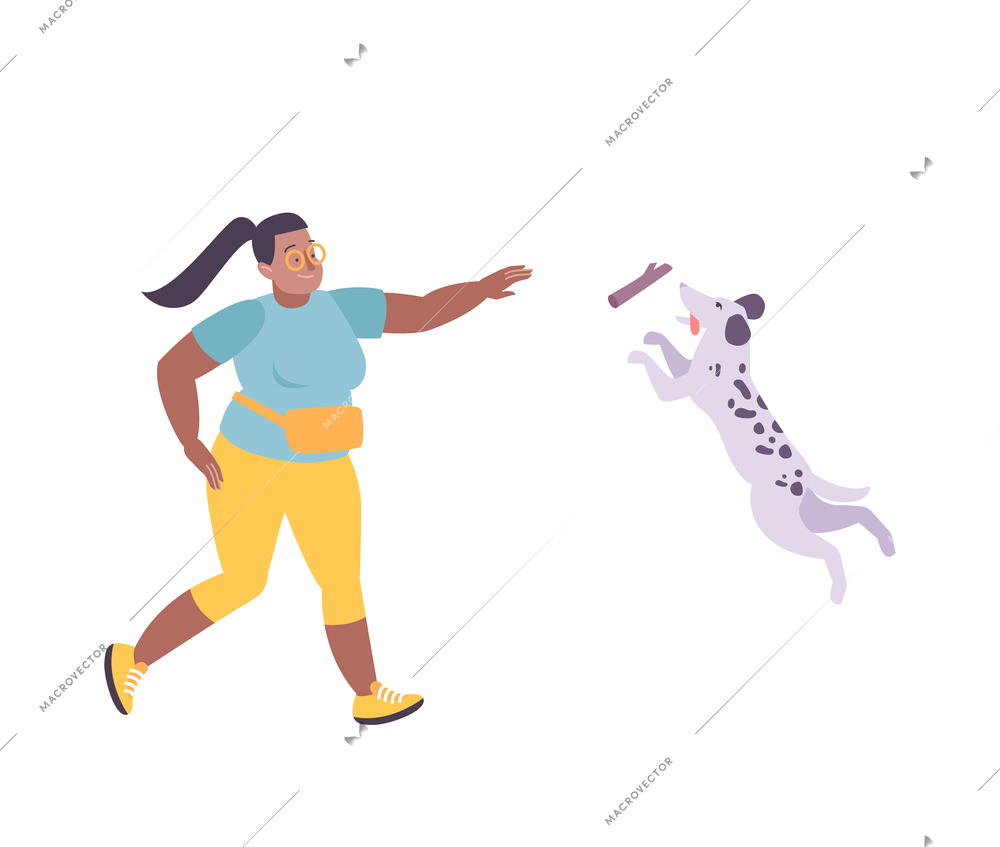 Dog breeding flat composition with character of girl training her jumping dog with stick in mouth vector illustration