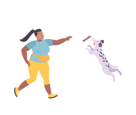 Dog breeding flat composition with character of girl training her jumping dog with stick in mouth vector illustration