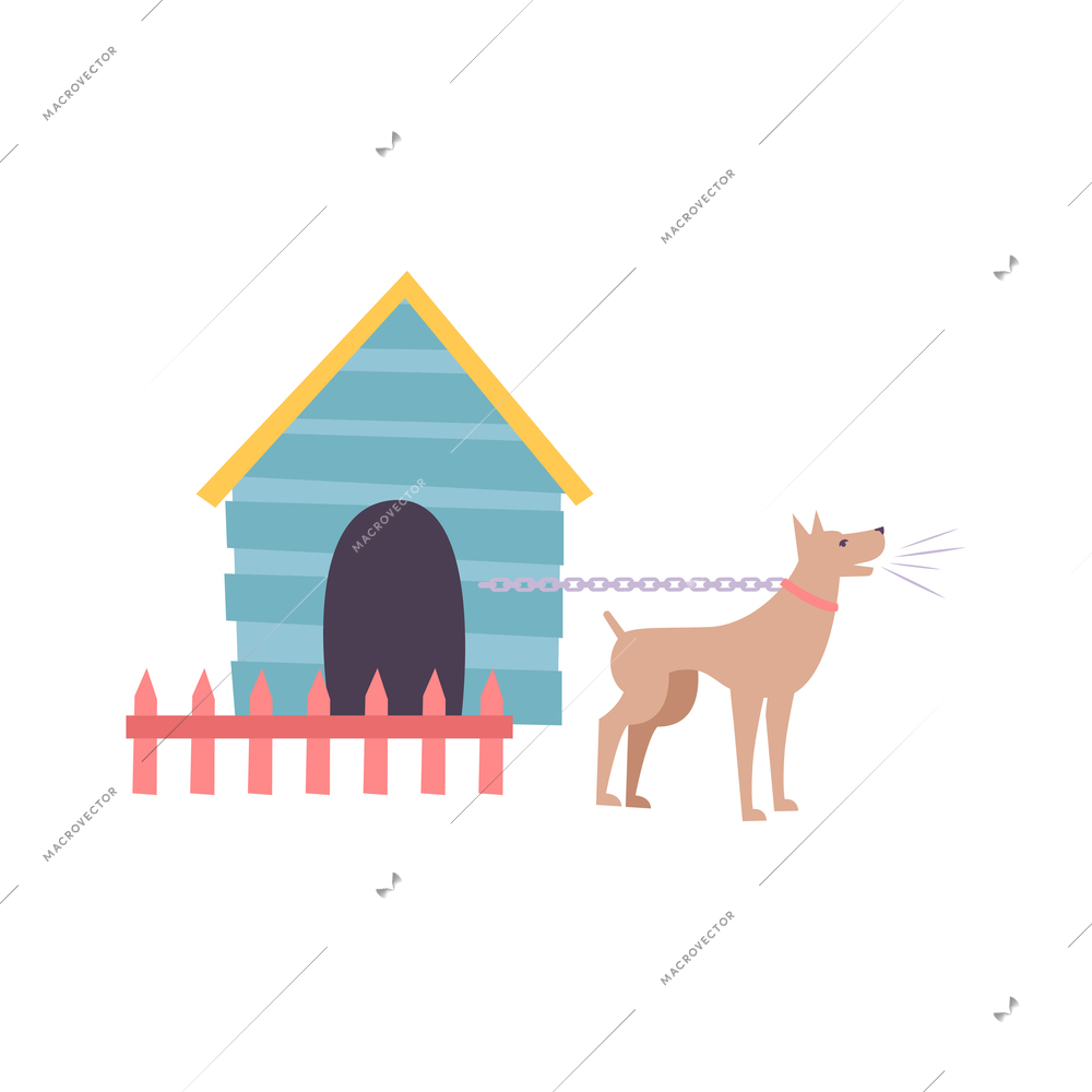 Dog breeding flat composition with isolated image of fence and dog house with chained dog vector illustration