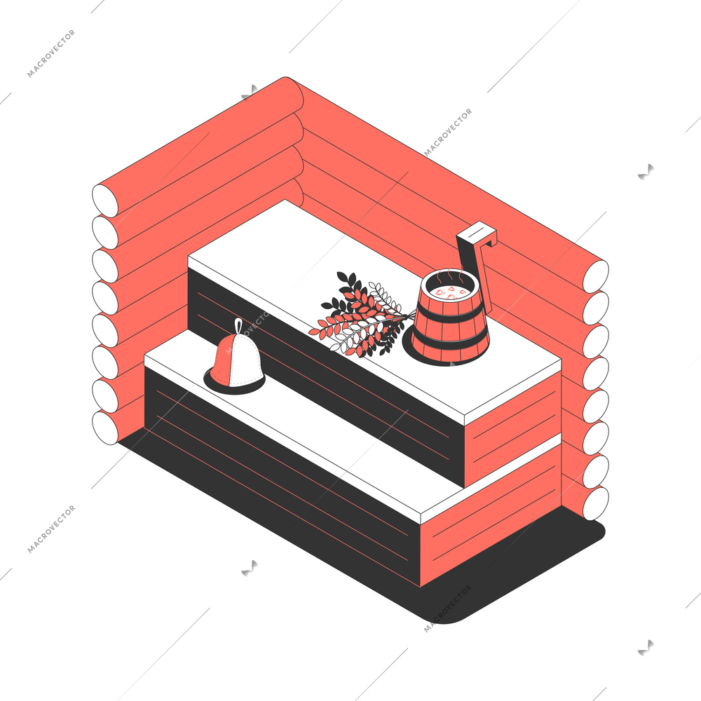Sauna bath spa isometric composition with view of sauna sweating room with wooden bench and ladle bucket vector illustration