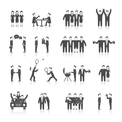 Friends and friendly relationship social team black icon set with cheerful happy people isolated vector illustration