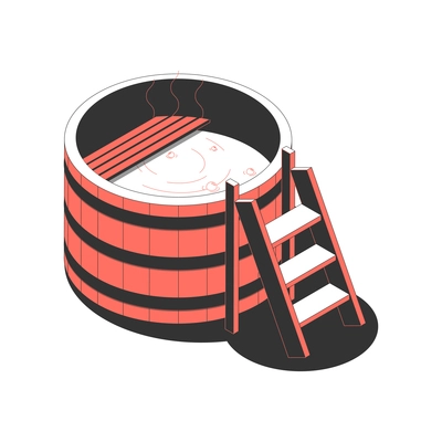 Sauna bath spa isometric composition with isolated image of sauna bucket shaped pool with ladder and bench vector illustration