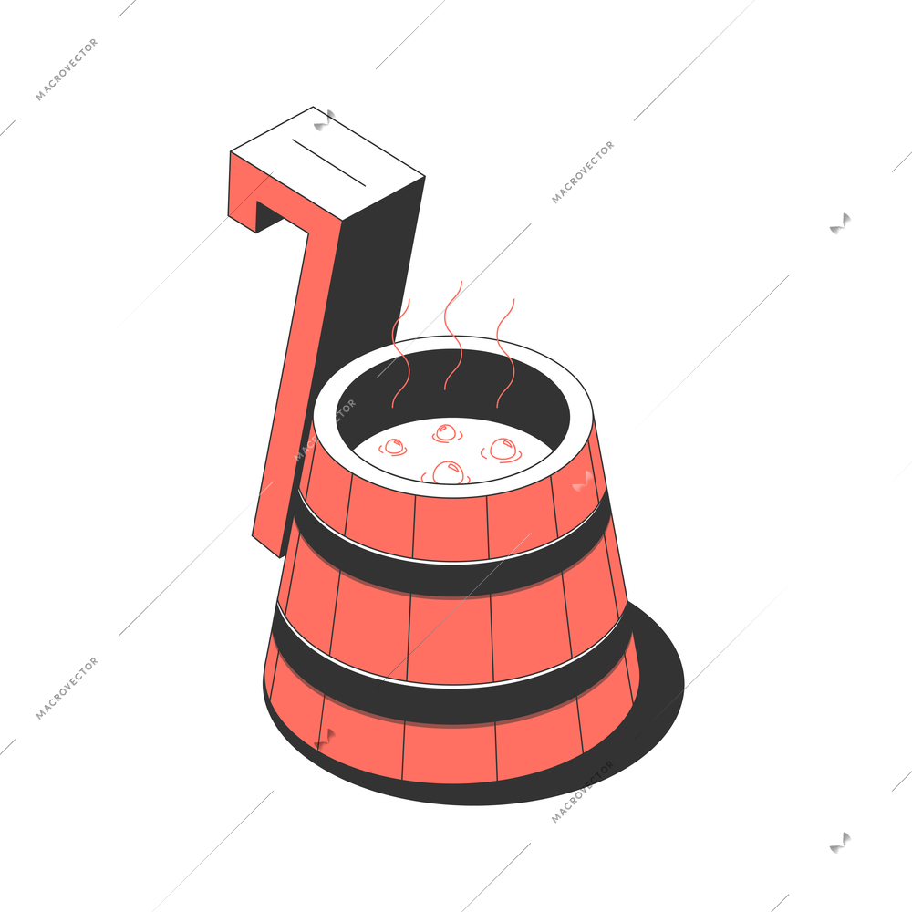 Sauna bath spa isometric composition with isolated image of cone shaped bucket with ladle handle vector illustration