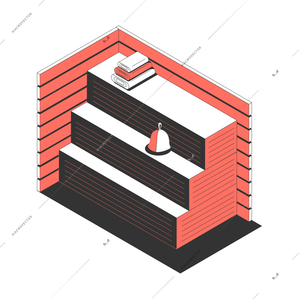 Sauna bath spa isometric composition with view of sauna sweating room with benches towels and hat vector illustration