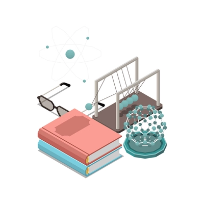 Stem education isometric concept icons composition with images of physical models and stack of books vector illustration
