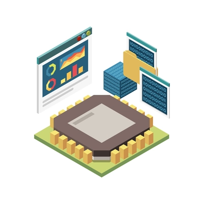 Stem education isometric concept icons composition with image of microchip with binary code screens vector illustration