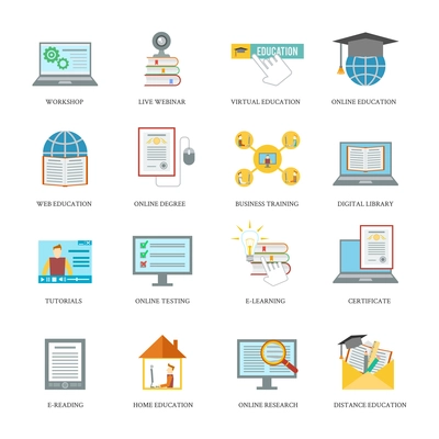 Online education icons set with workshop live virtual webinar isolated vector illustration