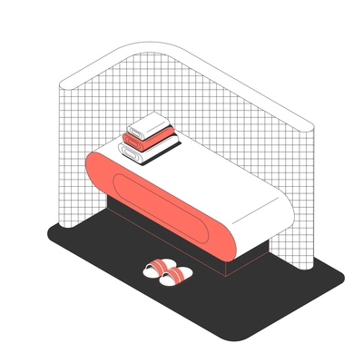 Sauna bath spa isometric composition with image of sauna bed and slippers vector illustration