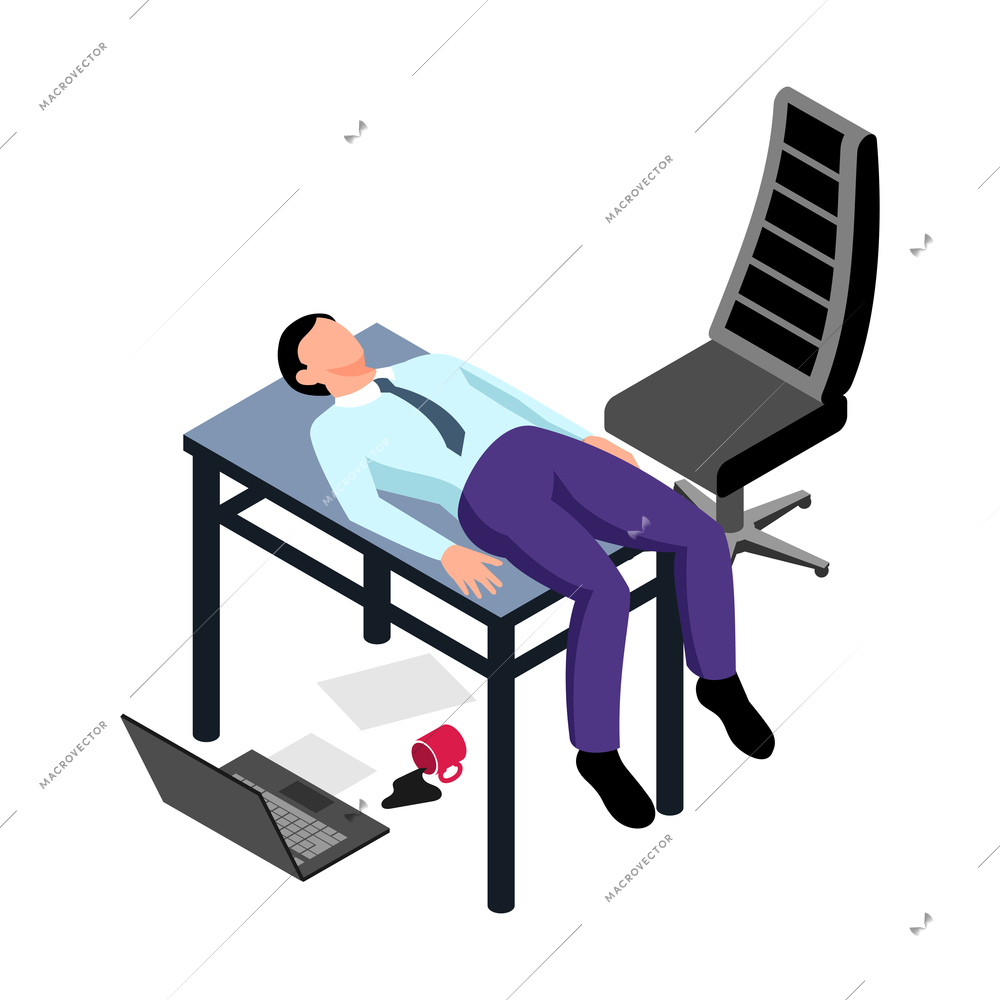 Isometric professional burnout office composition with business worker sleeping on top of working table vector illustration