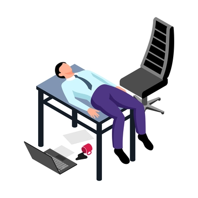 Isometric professional burnout office composition with business worker sleeping on top of working table vector illustration