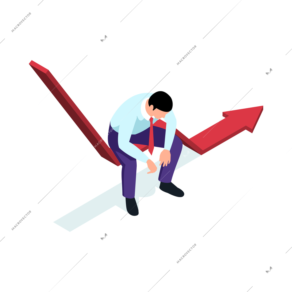 Isometric professional burnout office composition with sad worker character sitting on arrow vector illustration