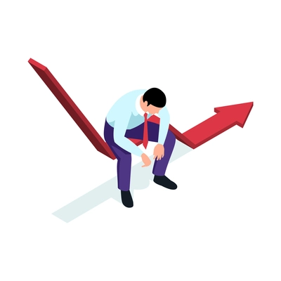 Isometric professional burnout office composition with sad worker character sitting on arrow vector illustration