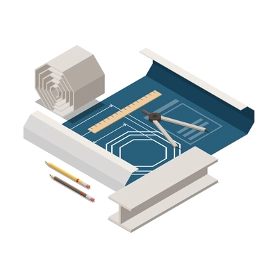 Stem education isometric concept icons composition with images of project sheet with technical drawing goods vector illustration