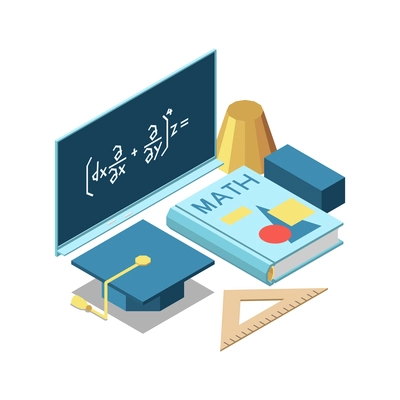 Stem education isometric concept icons composition with book of math blackboard formulas and academic hat vector illustration