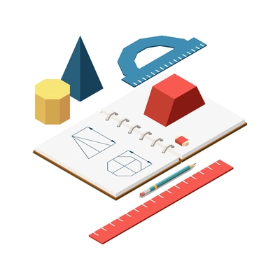 Stem education isometric concept icons composition with images of stationery goods and notebook of geometry vector illustration