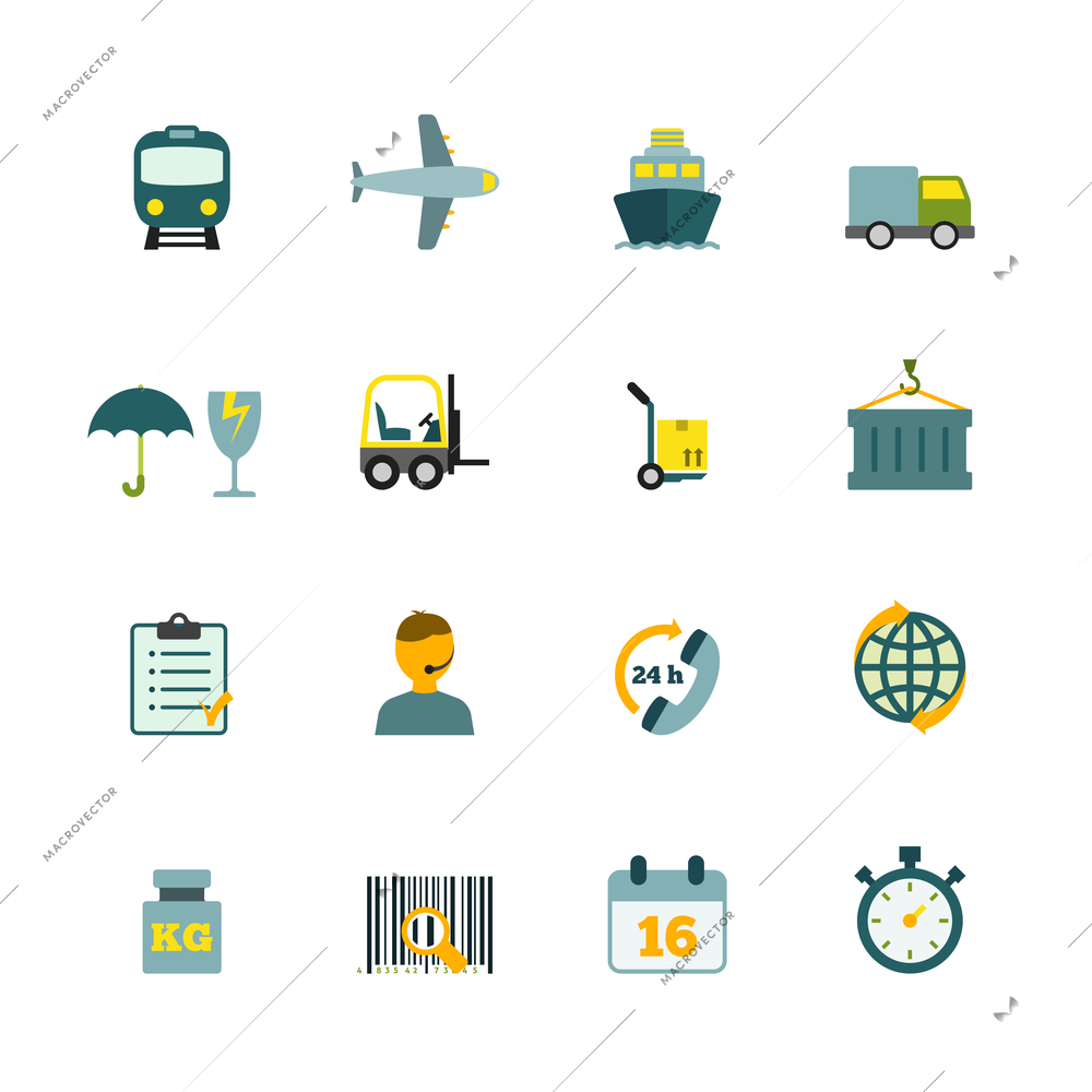 International coordination logistics  24hours worldwide container delivery service flat icons internet symbols pictograms collection isolated vector illustration