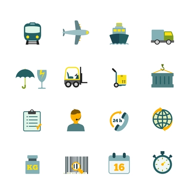 International coordination logistics  24hours worldwide container delivery service flat icons internet symbols pictograms collection isolated vector illustration