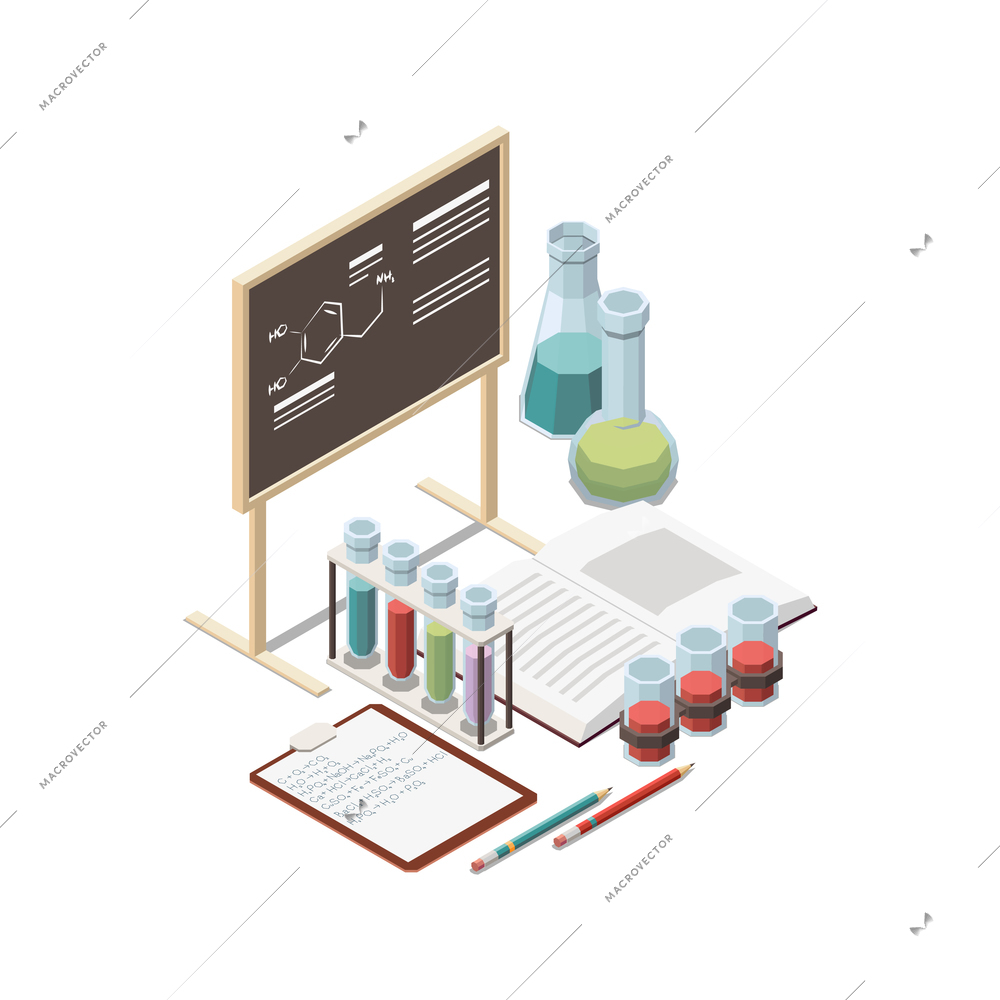 Stem education isometric concept icons composition with test tubes and blackboard with chemical formula vector illustration