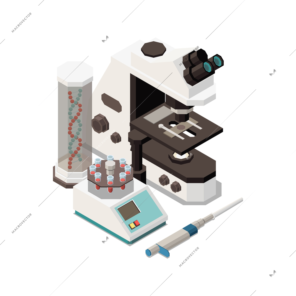 Stem education isometric concept icons composition with images of lab equipment with microscope and dna in tube vector illustration