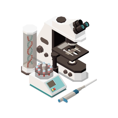 Stem education isometric concept icons composition with images of lab equipment with microscope and dna in tube vector illustration