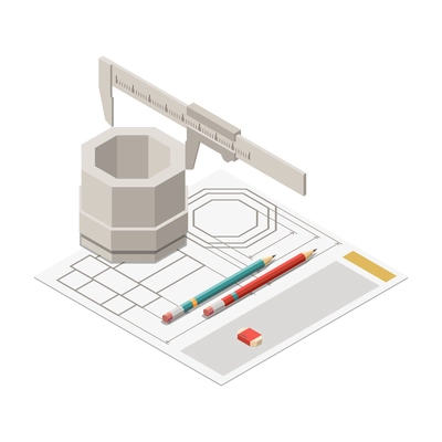 Stem education isometric concept icons composition with image of screw measured by trammel vector illustration